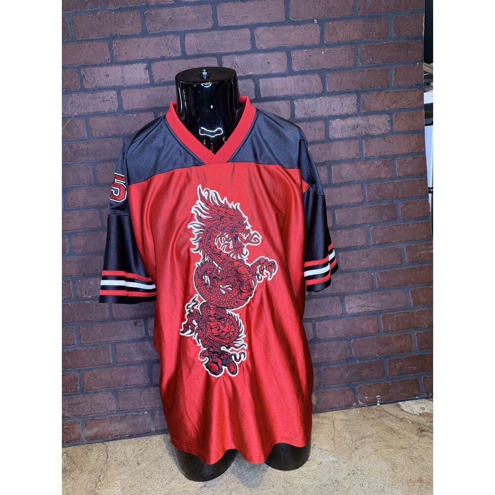 JNCO Vintage 90s Dragon Football Jersey Red Black Embroidered 85 Y2K Shirt L